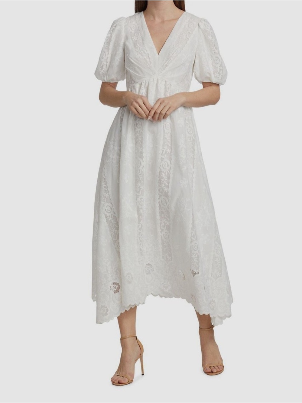 Badgley Mischka White Lace V-Neck Midi Dress with Puff Sleeves